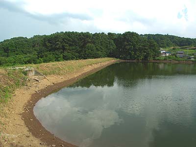 水位の下がってきた溜め池